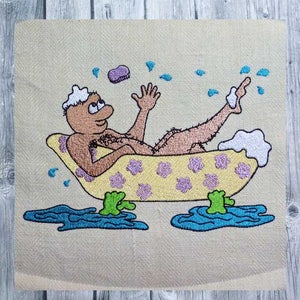 Stickdesign, Mann in der Badewanne, 13x18 Rahmen, gestickter Cartoon, Herren-Accessoires, Geschenk für Männer, Vatertag
