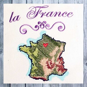 Stickmuster Set, Frankreich Landkarte, 10 Stickdesigns, 10 x 10 Rahmen, Landkarte gestickt, Urlaubsziel gestickt, Textildekoration