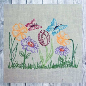 Broderidesign, klotterbroderi, vårblommor, 13x18 ram, vårbroderi, linjebroderi, enkel broderistil