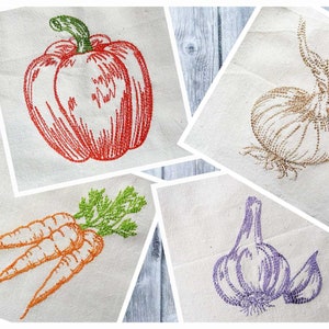 Embroidery design vegetable set 01, embroidered vegetables,  4"x4" hoop, carrots, onions, garlic, pepper