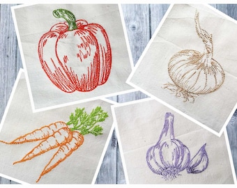 Embroidery file vegetable set 01, machine embroidery, 4 embroidery files, embroidery file set, 10x10 frame, carrot, onion, garlic, bell pepper