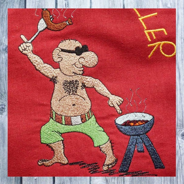 Embroidery design, Master Griller, 13x18 frame, embroidered cartoon, gift for men, grill apron for men, barbecue party, Father's Day