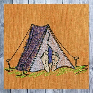 Stickdatei Zelten, Stickdesign Camping, Nähmalerei, 10x10 Rahmen, Zelten Cartoon, Karikatur gestickt
