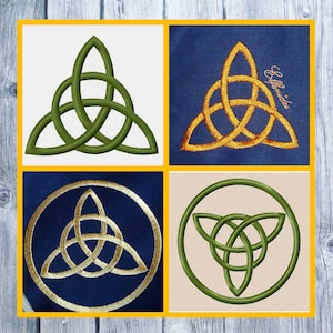 May include: A collage of four embroidered Celtic knot designs. The top left features a green knot on white. The top right shows a gold knot on blue, with text. The bottom left has a gold knot in a circle on blue. The bottom right has a green knot in a circle.