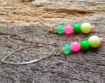Lightweight earrings, pink drop earrings, pre-loved bead gift,  colourful jewellery, fun gift for her, eco-friendly present, gold jewellery.