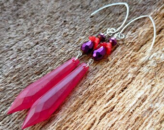 Red dangle earrings, pre-loved bead gift, colourful jewellery,  boho jewelry, fun present for her, eco friendly gift, silver jewellery.