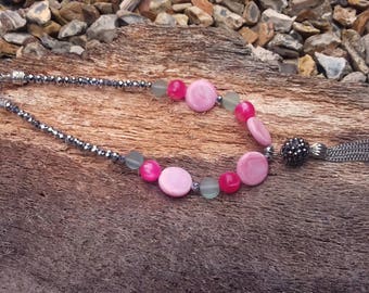 Tassel necklace, pink beaded necklace, upcycled jewellery, fun gift for her, repurposed present, colourful jewellery, silver crystal jewelry