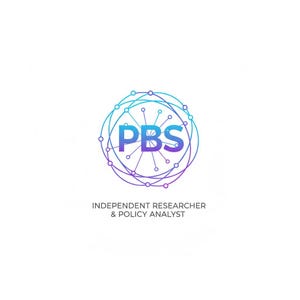 Puede incluir: Un logotipo con las letras "PBS" en azul, rodeadas por una red de líneas y puntos azules y morados. El texto debajo dice "INDEPENDENT RESEARCHER & POLICY ANALYST". El diseño está sobre un fondo blanco.