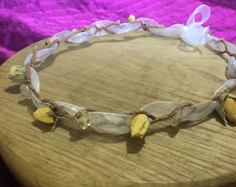 Yellow Rose & Citrine flower and crystal crown - voile ribbon - Handcrafted