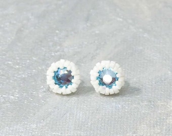 Aquamarine earrings with Swarovski crystal mounted with japanese glass beads in matte white