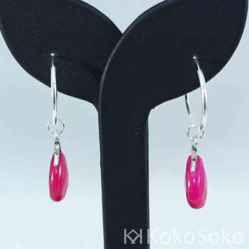 Hoop earrings made of sterling silver with dangling tear of fuchsia jade image 3