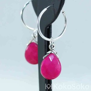 Hoop earrings made of sterling silver with dangling tear of fuchsia jade image 2