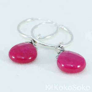 Hoop earrings made of sterling silver with dangling tear of fuchsia jade image 1