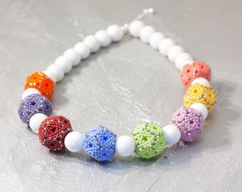 Colorful 3D ball necklace, with natural white jade and sterling silver