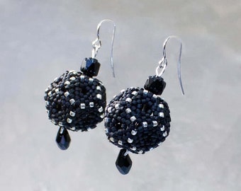 3D ball earrings made of japanese glass beads, with Swarovski crystal tear and sterling silver