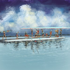 College Rowers Landing on Dock after Practice, orange light with clouds