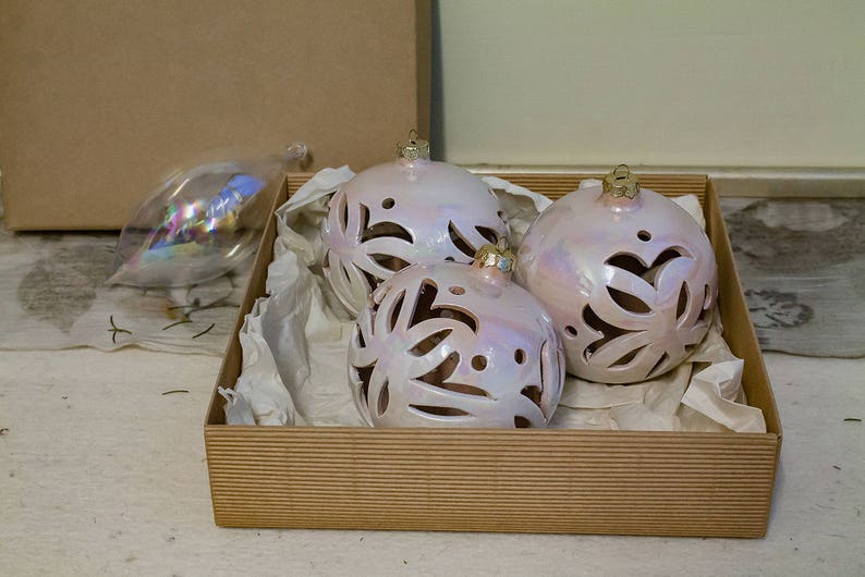 collectible ball. hanging Decorate Christmas tree iridescent ivory ceramic