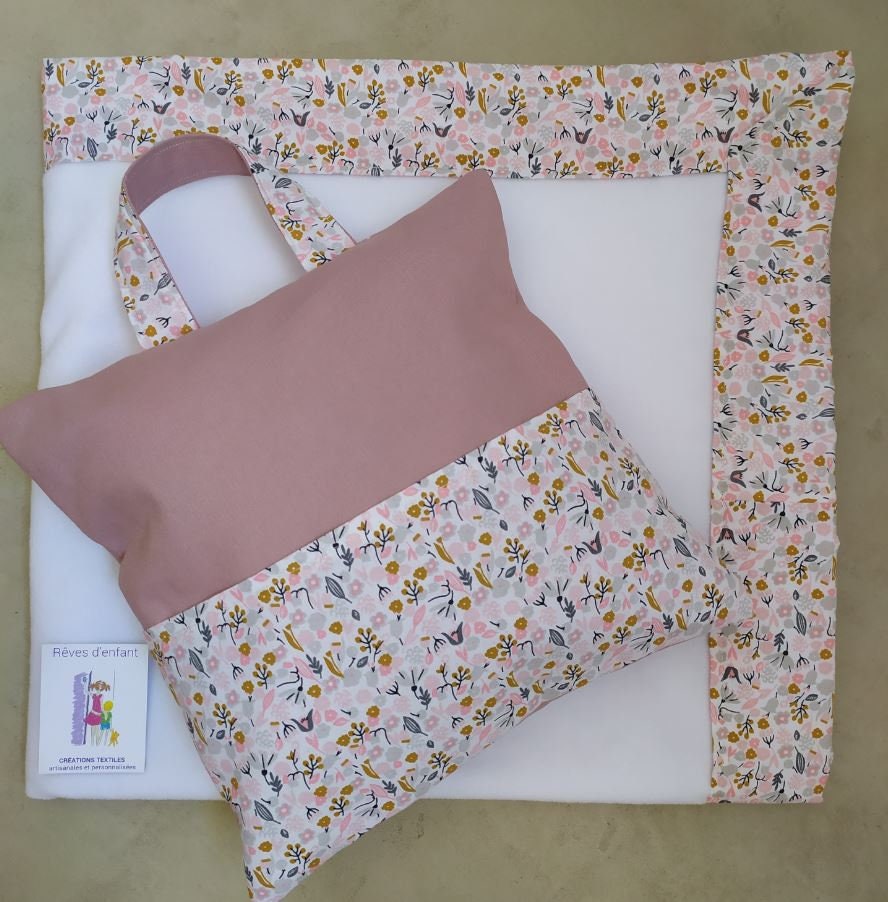 Kit Sieste Coussin Oreiller Rose Liberty Personnalisable Pour La Maternelle ou Crèche et Sa Couvertu