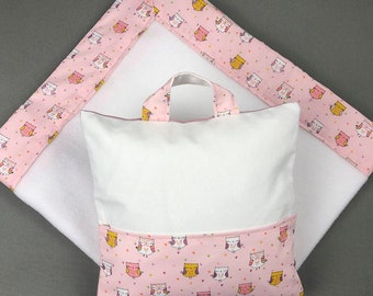 Kit coussin oreiller  hiboux rose  personnalisable pour la maternelle ou la crèche et sa couverture polaire assortie