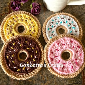 Crochet Donut Coasters: Frosted Doughnuts with Sprinkles, Set of 2