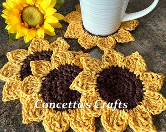 Crochet Sunflower Coaster Set: Cotton Yarn, Home Decor (Set of 4)