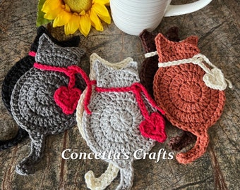 Shadow Cat Coaster Set of 2, Removable Holiday Scarf, Crocheted Cat Coasters, Crochet Coasters, Kitchen, Cat Lovers, Gifts, Kitty Coasters