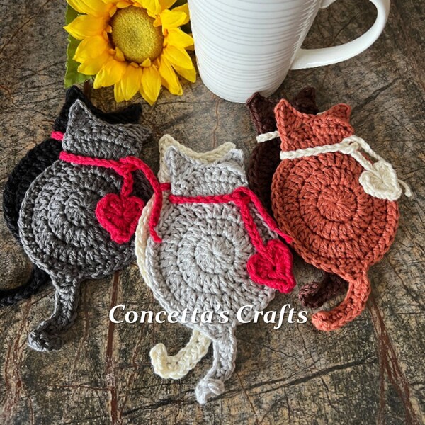 Shadow Cat Coaster Set of 2, Removable Holiday Scarf, Crocheted Cat Coasters, Crochet Coasters, Kitchen, Cat Lovers, Gifts, Kitty Coasters