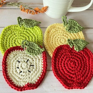 Apple Coaster Set of 4, Crochet Apple Coasters, Teachers Gift, Crocheted Coasters, Gift, Fruit Coasters, Coffee, Tea, Kitchen, Home Decor
