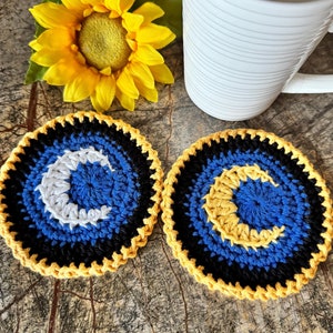 Crocheted Moon Coasters Set of 2, Celestial Coasters, Moon Coaster, Crocheted Coasters, Gift, Unique Coasters, Crescent Moon, Coffee
