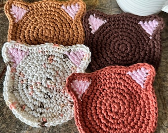 Crocheted Cat Coasters: Cotton Yarn, Set of 4
