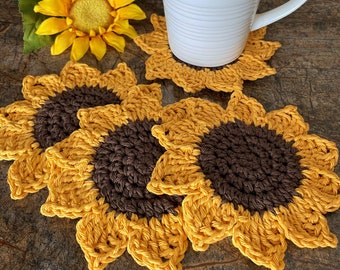 Gold Sunflower Coaster Set of 4, Coasters, Sunflowers, Coffee, Crochet Flowers, Home Decor, Kitchen and Dining, Tea Party, Gift, Crochet