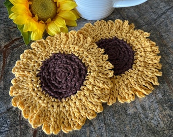 Gouden Zonnebloem Coaster Set van 2, Onderzetters, Zonnebloemen, Koffie, Gehaakte Bloemen, Home Decor, Keuken en Eetkamer, Tea Party, Cadeau, Haak