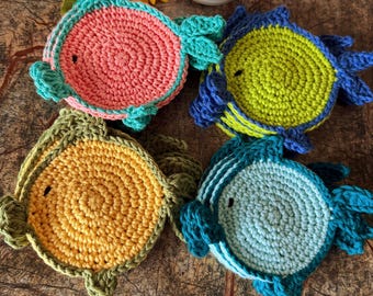 Posavasos de pez de crochet: hilo de algodón, temática oceánica, juego de 4