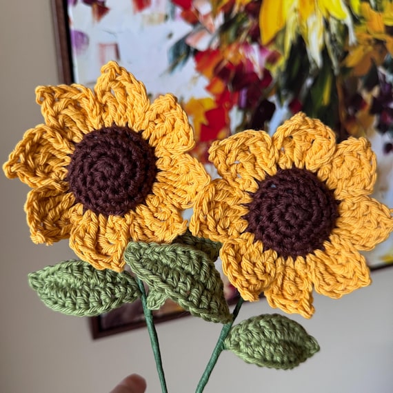 Crochet Sunflower: Cotton Yarn Flower with Wired Stem - Autumn Decor