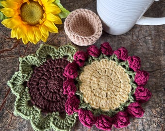 Crochet Flower and Leaf Coaster Set with Pot: Cotton Drink Coasters