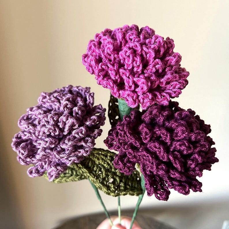 Puede incluir: Tres claveles de ganchillo en tonos de morado, rosa y burdeos con hojas verdes de ganchillo. Los claveles est&aacute;n unidos a tallos verdes.