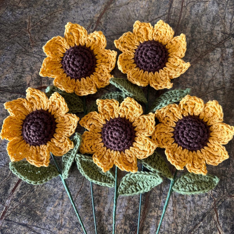 Crochet Sunflower: Cotton Yarn Flower with Wired Stem - Autumn Decor image 4