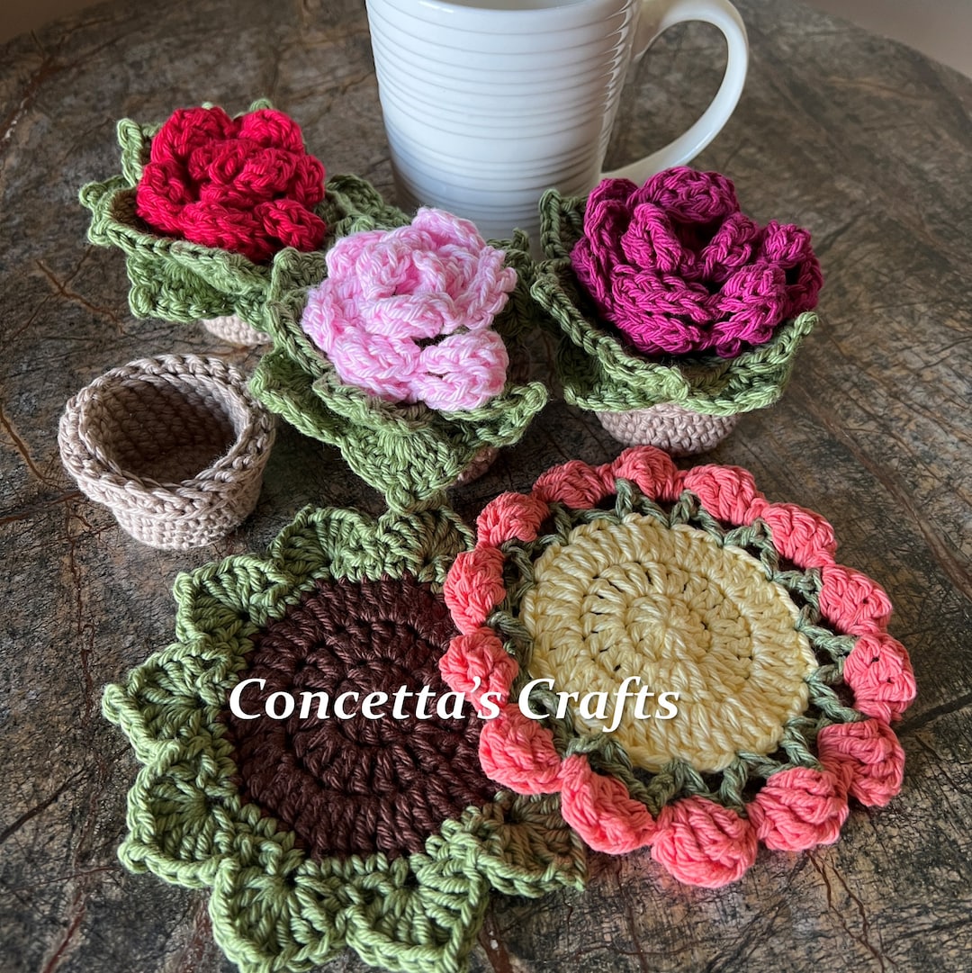 Flower and Leaves Coaster Set of 2 in Pot Crochet Flower Etsy