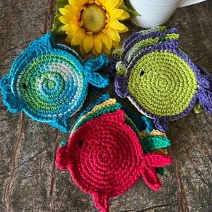 Fish Coaster Set of 4, Sea Coasters, Crochet Beach Coasters, Seashore Coasters, Ocean Themed Coasters, Coffee, Home Decor, Gift