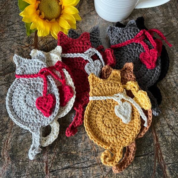 Shadow Cat Coaster Set of 2, Removable Scarf, Crocheted Cat Coasters, Crochet Coasters, Kitchen, Cat Lovers, Gifts, Kitty Coasters