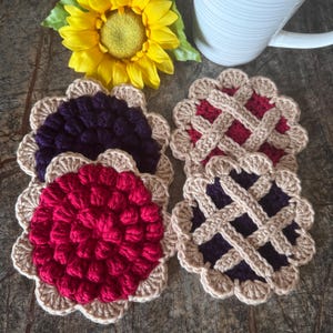 Crocheted Pie Coasters Set of 2: Cherry, Blueberry, Raspberry, Apple, Peach, Lattice Trim