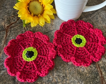 Poppy Coaster Set of 2, Coasters, Poppies, Coffee, Home Decor, Kitchen and Dining, Tea Party, Gift, Crochet Coasters, Tea, Flowers