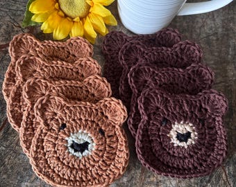 Crocheted Bear Coasters Set: Cotton Yarn, Animal Lover Gift