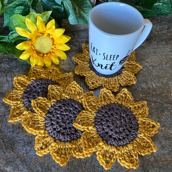 Sunflower Coasters, Set of 4, Cotton Coasters, Sunflowers, Coffee, Home Decor, Kitchen and Dining, Tea Party, Gift, Crochet Coasters, Tea