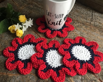 Coasters, Set of 4, Daisy Coaster, Coasters, Drink Coaster, Cotton Coasters, Flower Coasters, Tea Party, Gifts, Fourth of July, Dining