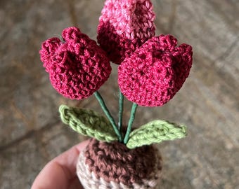 Crochet Tulip Trio: Handmade Amigurumi Flowers in Pot