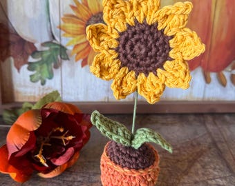 Crochet Sunflower & Pot: Handmade Cotton Amigurumi, 7" Tall