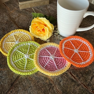 Citrus Coasters Set of 4, Fruit Slice Coasters, Lemon, Orange, Lime, Grapefruit, Coffee, Dining, Crochet Coasters, Linen, Gift, Summer, Tea
