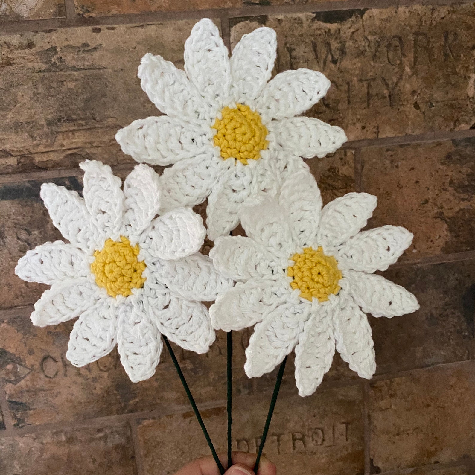 Crochet Daisies Set of 3 Daisy Bouquet Wired Daisy Flower Etsy