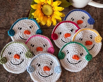 Snowman Coaster Sets of 2 or 4, Crocheted Coasters, Crochet Snowman, Christmas, Home Decor, Holiday Decor, Unique Gift